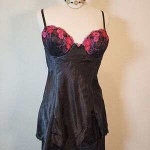 Apt 9 Intimates Black‎ Floral Embroidered Lingerie Slip Dress Teddy